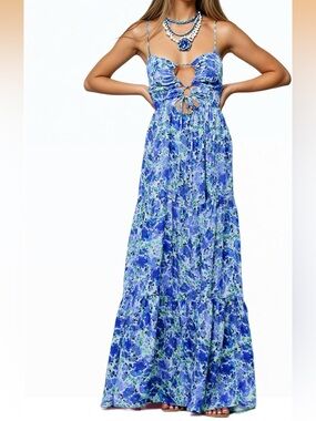 Blue Floral Cutout Maxi Dress - Women